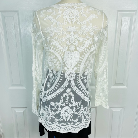 PHASE ONE white lace top sheer mesh see through top white long sleeves shirt S - Picture 8 of 10
